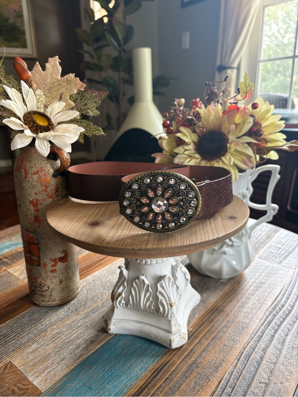 Brown Floral Embossed Belt with Oversized Rhinestone Buckle Size 9 Western Boho